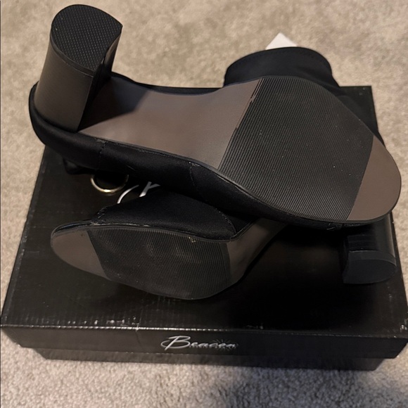 bebe Black Heeled Peep-Toe Boots with Gold Zipper - Picture 5 of 8